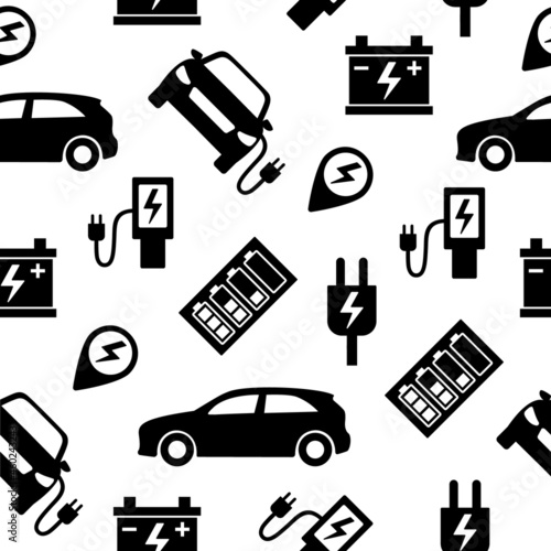 Seamless pattern with electric cars, charging stations and battery symbols. 