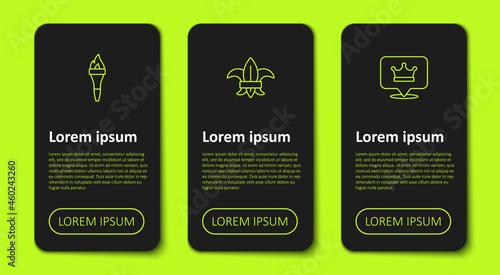 Set line Torch flame, Fleur de lys lily flower and King crown. Business infographic template. Vector