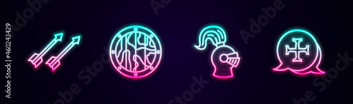 Set line Medieval arrows, Round wooden shield, helmet and Crusade. Glowing neon icon. Vector