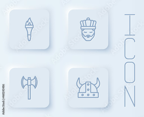 Set line Torch flame  King with crown  Medieval poleaxe and Viking horned helmet. White square button. Vector
