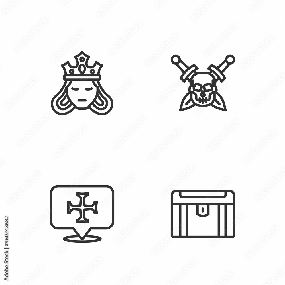 Set line Antique treasure chest, Crusade, Princess or queen and Skull with sword icon. Vector Set line Antique treasure chest, Crusade, Princess or queen and Skull with sword icon. Vector
