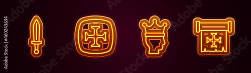 Set line Medieval sword, Crusade, King crown and . Glowing neon icon. Vector