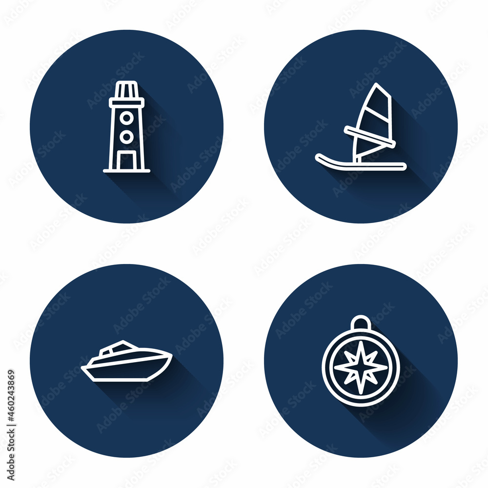 Set line Lighthouse, Windsurfing, Speedboat and Compass with long shadow. Blue circle button. Vector