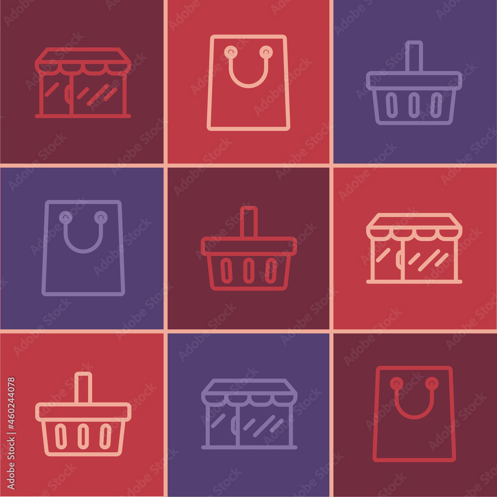 Set line Market store, Shopping basket and Paper shopping bag icon. Vector Set line Market store, Shopping basket and Paper shopping bag icon. Vector