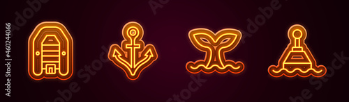 Set line Inflatable boat with motor, Anchor, Whale tail and Floating buoy. Glowing neon icon. Vector