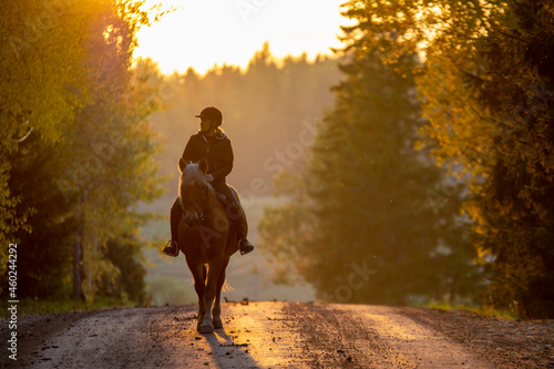 Obraz na plátně Woman horseback riding on a country road at sunset