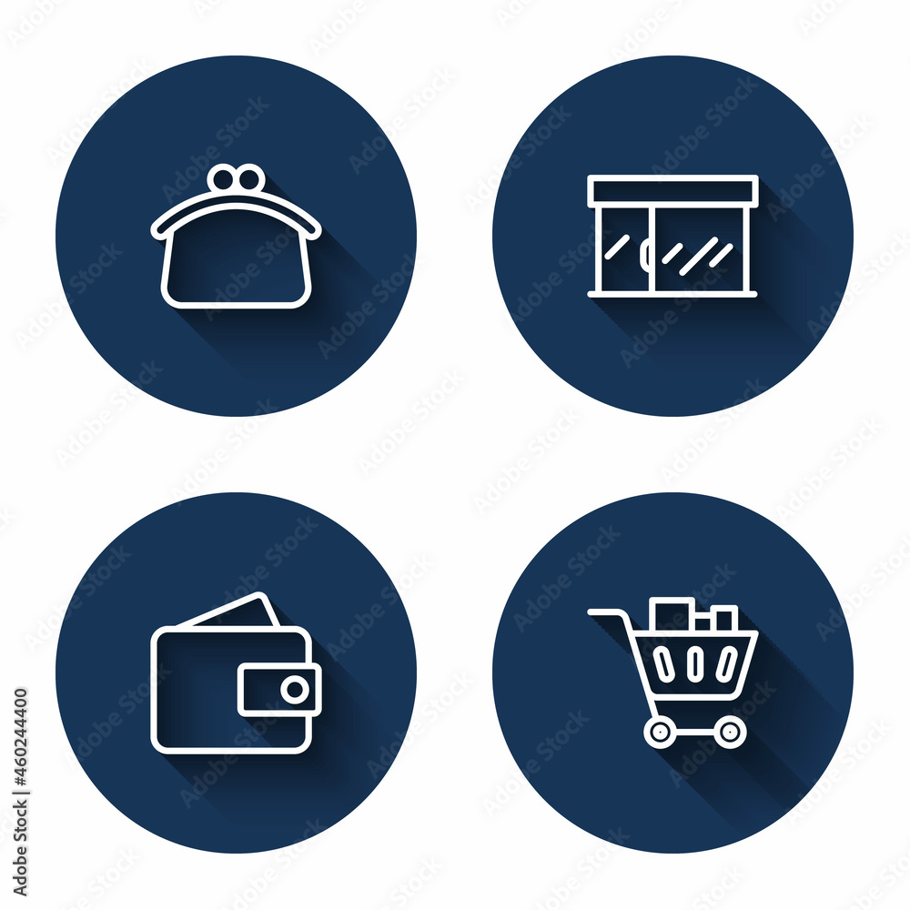 Set line Wallet, Market store, and Shopping cart and food with long shadow. Blue circle button. Vector Set line Wallet, Market store, and Shopping cart and food with long shadow. Blue circle button. Vector