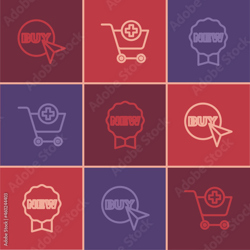 Set line Buy button, Price tag with New and Add Shopping cart icon. Vector