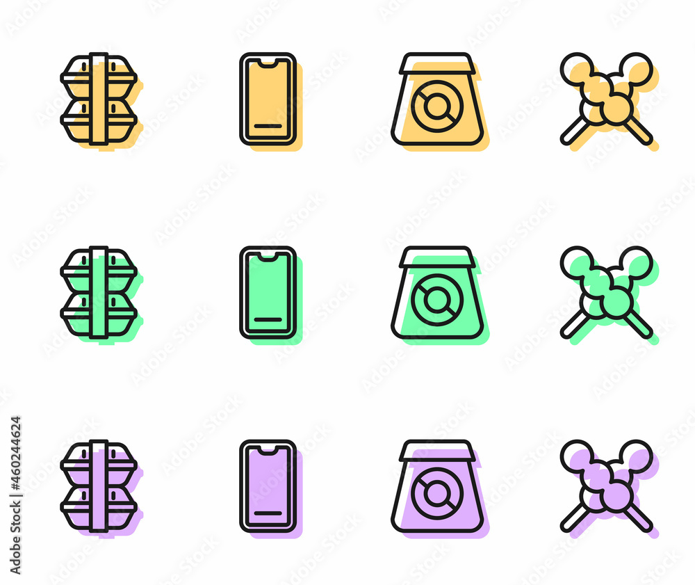 Set line Online ordering food, Lunch box, Food on mobile and Meatballs wooden stick icon. Vector Set line Online ordering food, Lunch box, Food on mobile and Meatballs wooden stick icon. Vector