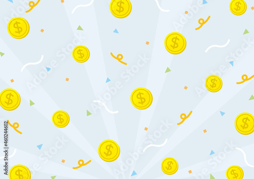 ドルコインと紙吹雪が舞うかわいいポップ背景　緑　
Dollar coin background cute