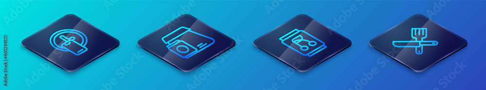 Set Isometric line Soda can, Round the clock delivery, Crossed knife and fork and Online ordering food icon. Vector Set Isometric line Soda can, Round the clock delivery, Crossed knife and fork and Online ordering food icon. Vector