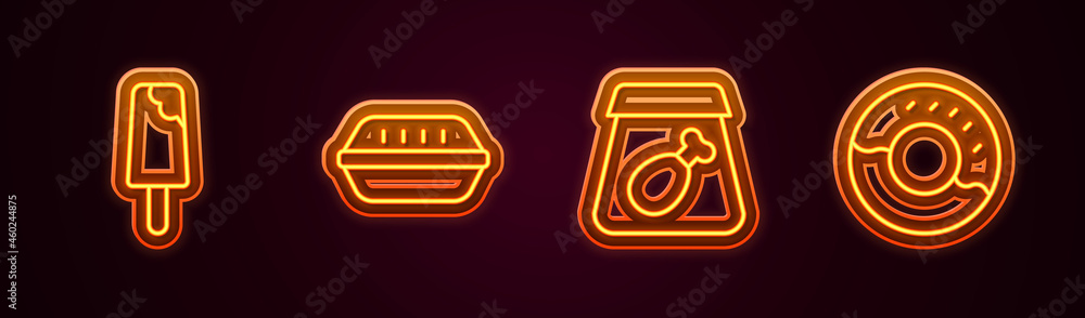 Obraz premium Set line Ice cream, Lunch box, Online ordering meal and Donut. Glowing neon icon. Vector