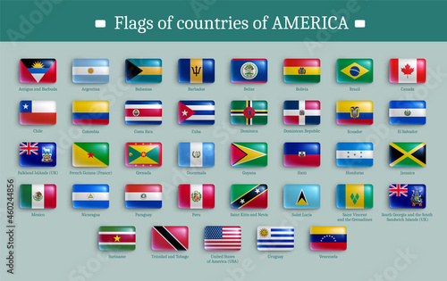 Set of flags of American continent countries buttons. North and South America official national flags of rectangular shape, glossy badges or magnets realistic vector illustration