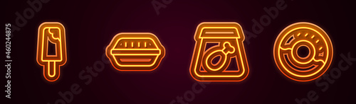 Set line Ice cream, Lunch box, Online ordering meal and Donut. Glowing neon icon. Vector