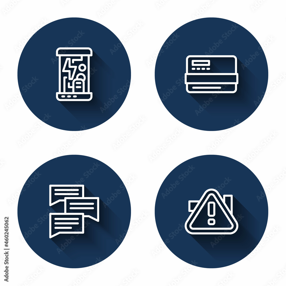 Set line Cryogenic capsules, Credit card, Speech bubble chat and Exclamation mark in triangle with long shadow. Blue circle button. Vector Set line Cryogenic capsules, Credit card, Speech bubble chat and Exclamation mark in triangle with long shadow. Blue circle button. Vector