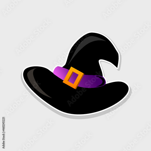 Vector black witch hat sticker icon for your Halloween decorations. Easy to recolor, with removable background. For party invites, sale banners and advertisement.