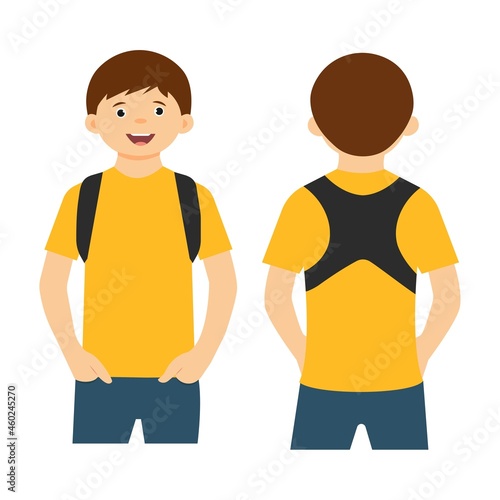 Child / school boy with posture corrector. Scoliosis, Kyphosis treatment.Vector illustration