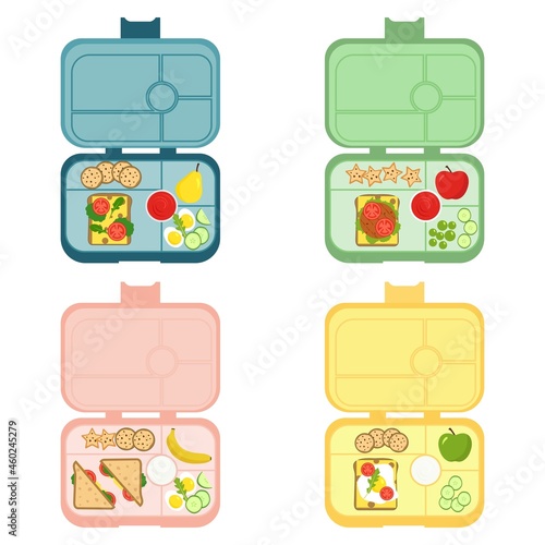Set of school lunch boxes. Children's trays with sandwiches, fruits and other food items. Storing healthy food.