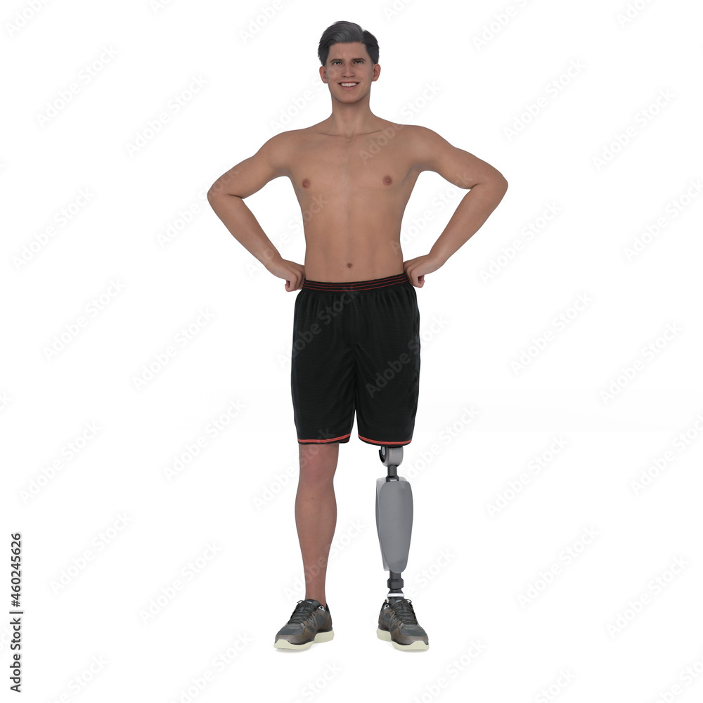 3D Render : the portrait of happy male character who is disabled with smiling face expression, isolated