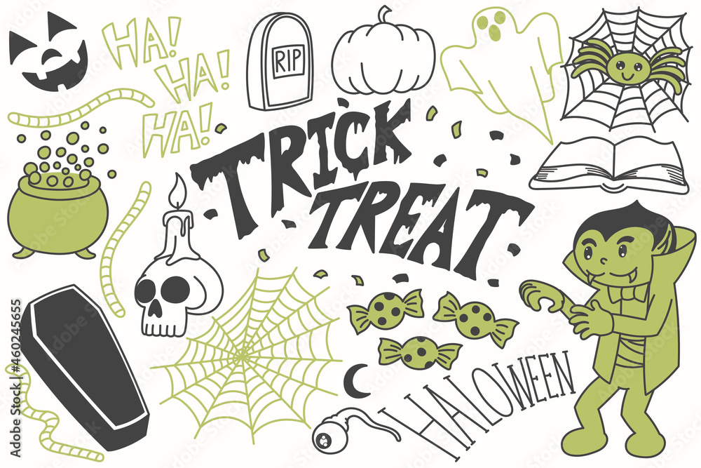 Set of Halloween doodles, trick or treat drawings
