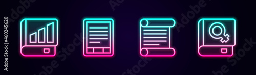 Set line Financial book, E-Book reader, Decree, parchment, scroll and about women. Glowing neon icon. Vector