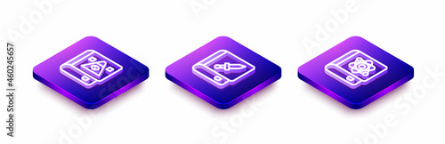 Set Isometric line Ancient magic book, Book about weapon and physics icon. Vector