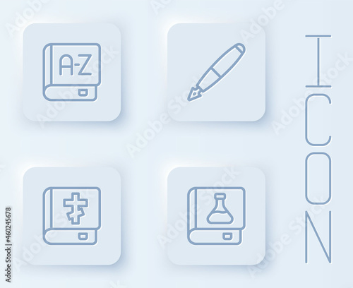 Free Download Set line Translator book, Fountain pen nib, Holy bible and Chemistry. White square button. Vector - GFXLoad