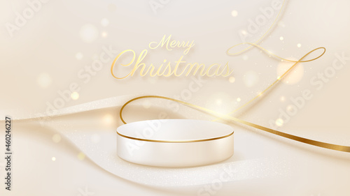 Product podium on Christmas tree shaped concept golden line with blurred and bokeh element, Luxury celebration background, Vector illustration.