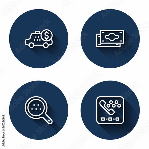 Set line Taximeter device, Stacks paper money cash, Search taxi and call telephone service with long shadow. Blue circle button. Vector