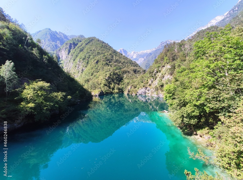 Scenic view of the Mis Lake (Lago del Mis) with its blue water, in the Dolomiti Bellunesi National Park, Sospirolo, Belluno
