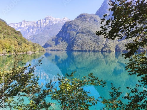 Scenic view of the Mis Lake (Lago del Mis) with its blue water, in the Dolomiti Bellunesi National Park, Sospirolo, Belluno