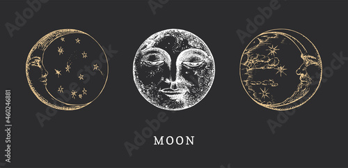 Moon, Crescents set, drawn illustrations in vector