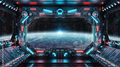 Fototapeta Naklejka Na Ścianę i Meble -  Dark spaceship interior with glowing blue and red lights. Futuristic spacecraft with large window view on planet Earth. 3D rendering