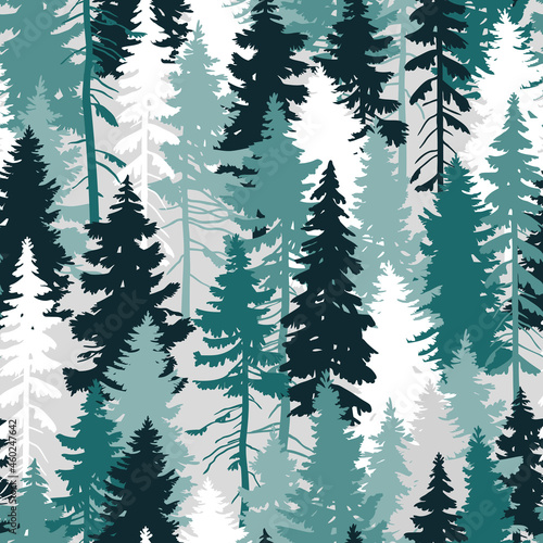 
Seamless vector pattern with pine tree silhouettes on light grey background. Perfect for textile, wallpaper or print design. 
