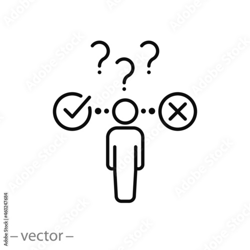 false or true choice icon, yes and no, man make evaluation, negative or positive conclusion, right answer person, thin line symbol - editable stroke vector illustration photo