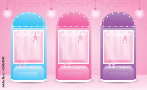 cute girly pastel claw machine collection 3d illustration vector with light bulb on sweet pink floor and wall background