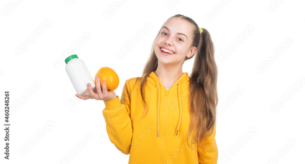 effervescent tablet for kids. happy girl presenting vitamin c. organic food supplement. effervescent tablet for kids. happy girl presenting vitamin c. organic food supplement.