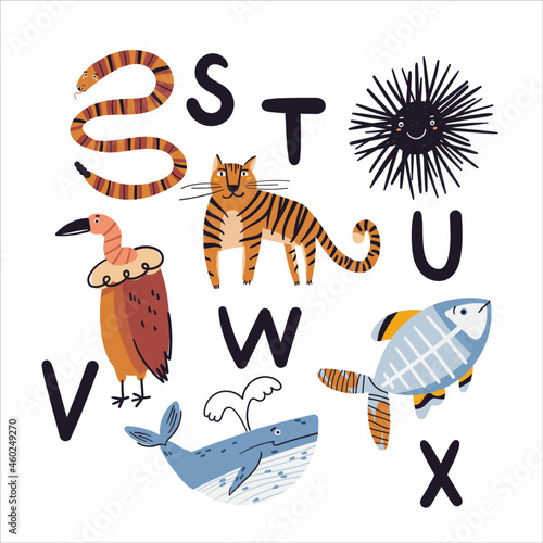 Cute card with letters with animals vector illustration. Snake, tiger, urchin, vulture, whale, x-ray fish doodle drawings on white background. Flat wild and sea animals, vector alphabet print