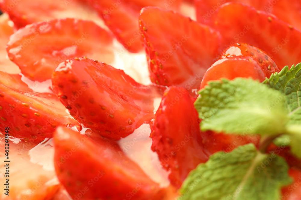 Delicious strawberry tart all over background, close up Delicious strawberry tart all over background, close up