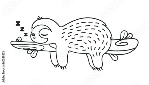 Cute sloth sleeping on a branch line art outline clipart vector illustration. Animal mammal easy simple coloring book page activity worksheet for kids.