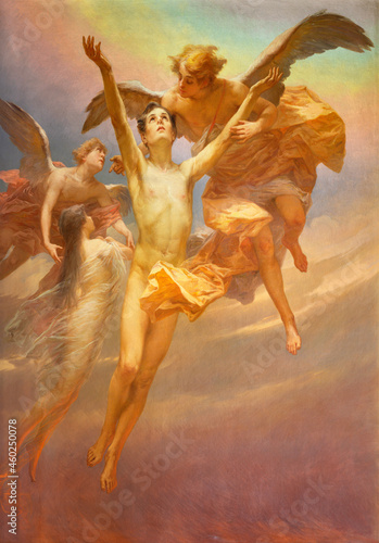 ROME, ITALY - AUGUST 28, 2021: The painting Angels liberated the souls from the purgatory in the church Chiesa San Giacomo in Augusta by E. Ballerini (1917).