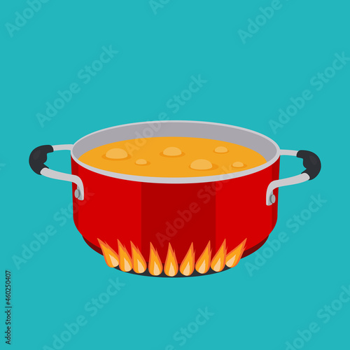 Boiling soup in pan. Red cooking pot on stove with water and steam. Flat design graphics elements