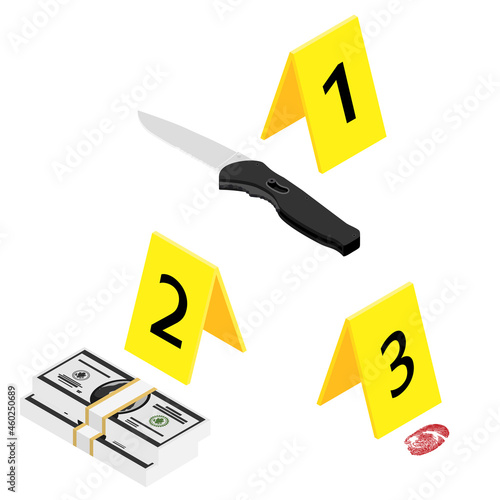 Crime scene with yellow evidence markers.