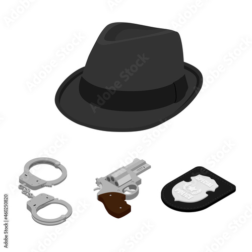 Police icon set. Fedora hat, gun, badge and handcuffs.