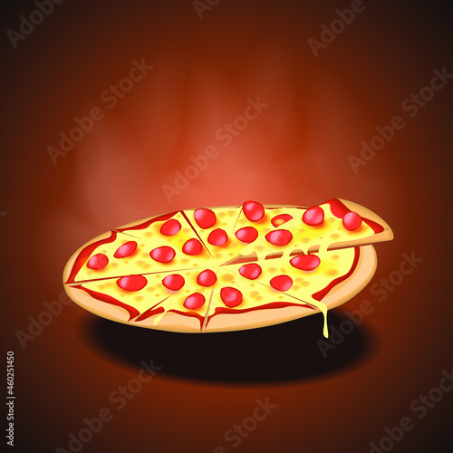 Realistic juicy pizza with cheese and pepperoni