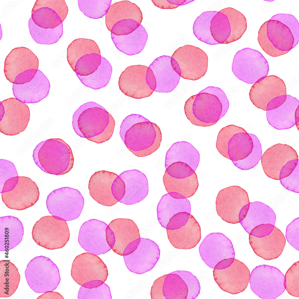 Hand Painted Brush Polka Dot Girly Seamless Watercolor Pattern. Abstract watercolour Round Circles in Pink Color. Artistic Design for Fabric and Background