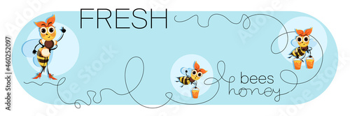Swarm bees. Honey bees. Cartoon cute character. Bee horizontal poster, banner. Vector illustration 