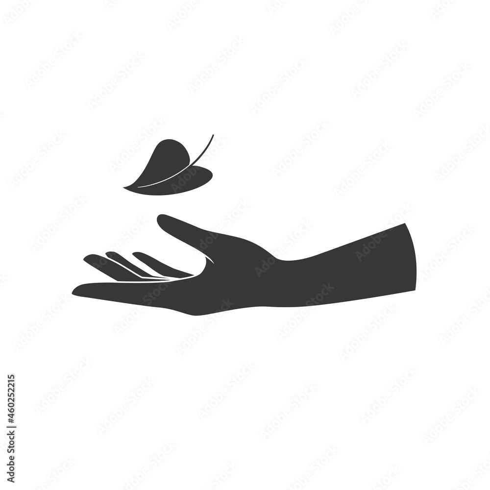 Hands hold a leaf of the plant. Vector illustration isolated on white background