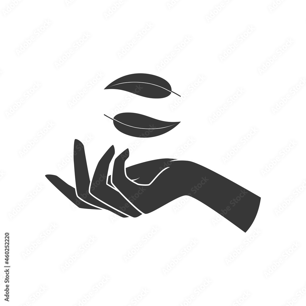 Hands hold a leaf of the plant. Vector illustration isolated on white background Hands hold a leaf of the plant. Vector illustration isolated on white background