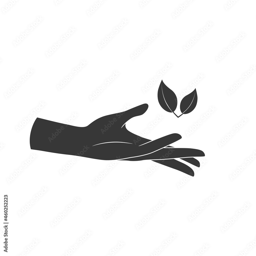 Obraz premium Hands hold a leaf of the plant. Vector illustration isolated on white background
